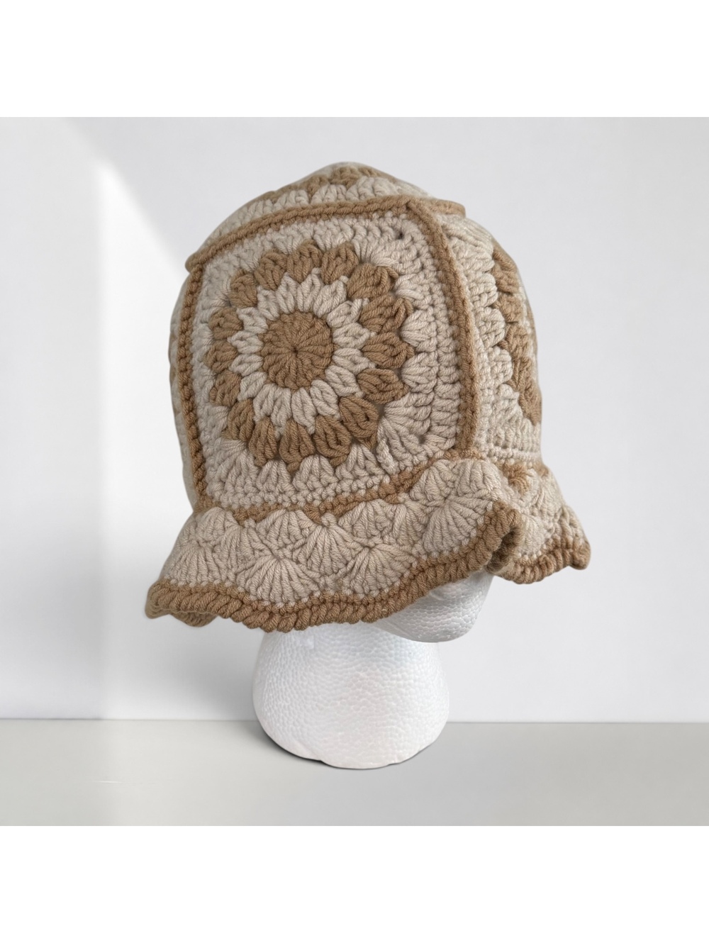 Crochet Granny Square Bucket Hat Neutral Boho Cottagecore Handmade Style